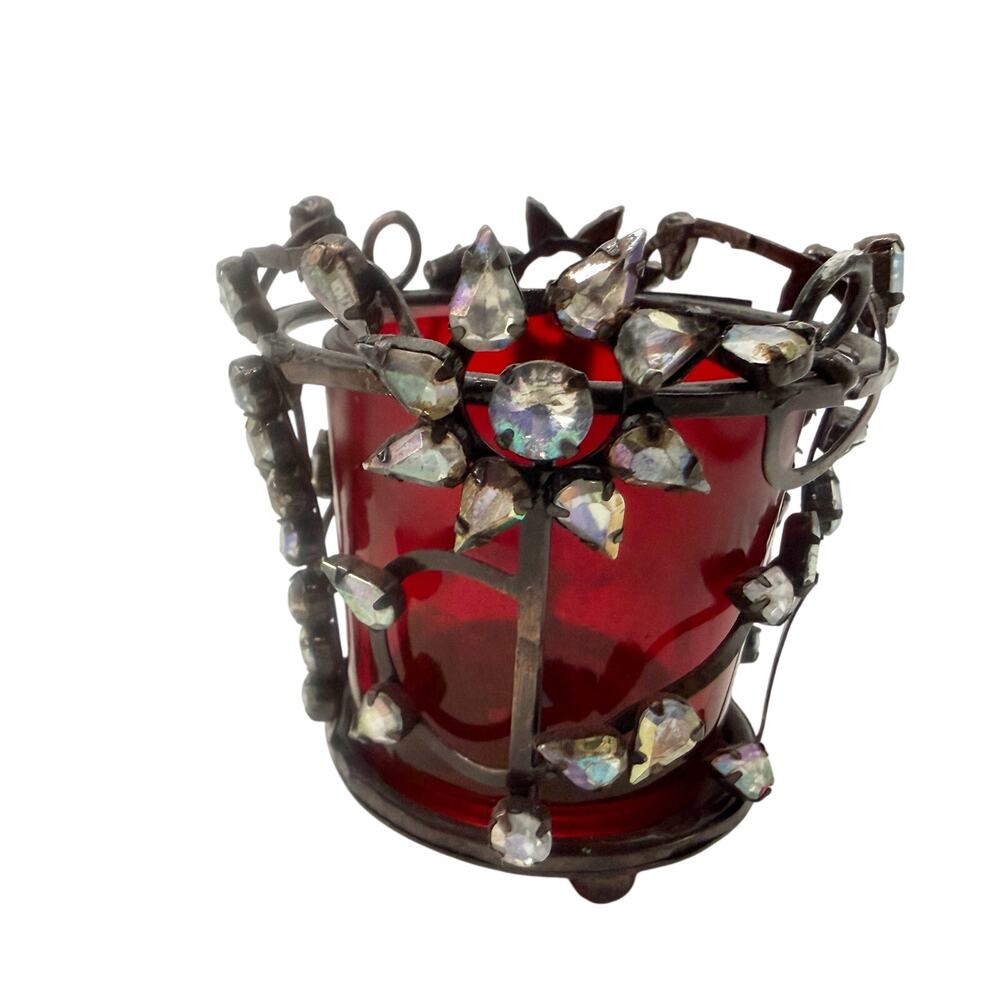 metal & rhinestones Votive Candle Holder red glass cup home shelf decor